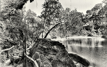 wonderful hamilton pool in texas r, steps, trees, pool, r, nature, rocks, grayscale HD wallpaper