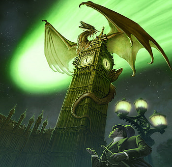 Big Ben, lamps, , london, moonlight, moon, fantasy, abstract, men, dragon HD wallpaper