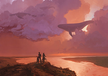 Great migration, whale, art, summer, fantasy, couple, luminos, artem chebokha, silhouette, cloud, vara HD wallpaper