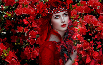 Girl With Flowers, butterflies, black, vivid, red, bright, bold, girl, band, vibrant HD wallpaper