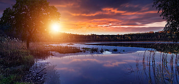 Golden time, nature, sky, sun, mountains, sunset, lake, river, landscape, clouds, water HD wallpaper