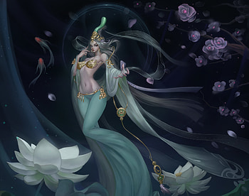Lotus Goddess, blue, white, black, girl, summer, pink, fantasy, flower, green, duc pham, fish, luminos, water, lotus HD wallpaper