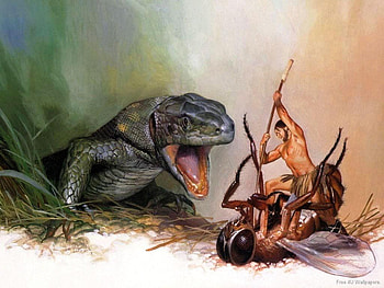 Kill the beast, fantasy, art, animals, men, fly, beast, lizard HD wallpaper