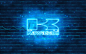 Kawasaki blue logo, , blue brickwall, Kawasaki logo, motorcyles brands, Kawasaki neon logo, Kawasaki HD wallpaper