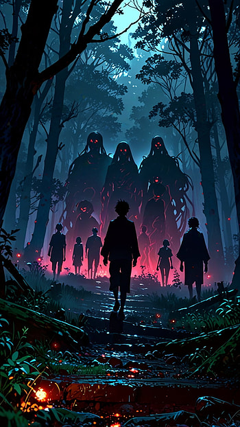 Unknown Entities Walking in the Forest, Anime, artistic, horror, forest, anime forest HD phone wallpaper