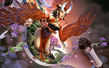 Onmyouji, wings, frumusete, fantasy, luminos, girl, orange HD wallpaper