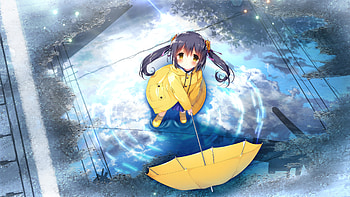 Camus In The Blue Sky, anime-girl, anime, umbrella, rain, artist, artwork, digital-art HD wallpaper