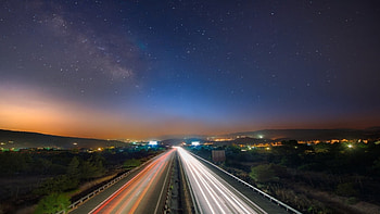 wondrous starry night sky over highway, night, lights, sky, stars, highway HD wallpaper