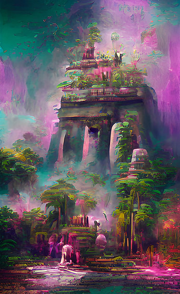 Mystical, art, green, world, castle, nature, temple, trees HD phone wallpaper