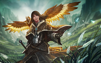 Fantasy girl, wings, bird, art, girl, orange, owl, woman, fantasy, green, game, luminos HD wallpaper