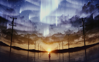 Anime girl, night, Northern lights, artwork HD wallpaper