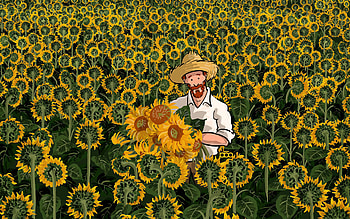 The Sunflower Farmer, sunflower, field, farmer, artist, artwork, digital-art HD wallpaper