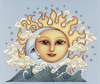 Celestial, eyes, faces, stars, sun rays, crests, waves, moon, crescent, clouds, elemental, sun HD wallpaper