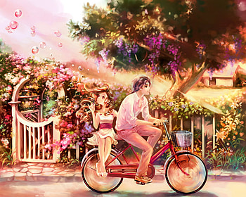 Flying, lover, cute, girl, tree, anime girl, bicycle, plant, anime, boy, flower, love, couple, road, bubble HD wallpaper