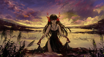 Black Thousands of Birds, night, scary, emotional, gloom, eerie, long hair, creepy, dress, scenery, darkness, scare, scenic, scene, girl, gloomy, sorrow, black hair, dark, anime girl, creep, anime, serious, horror, sky, gown HD wallpaper