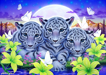 Little Brothers, big wild cats, attractions in dreams, white tigers, paintings, spring, butterflies, love four seasons, animals, butterfly designs, flowers, lilies HD wallpaper