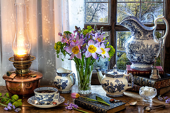 Still life, Tea, Kerosene lamp, Sugar, Bouquet HD wallpaper