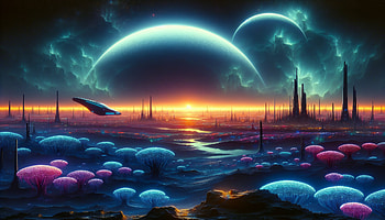 Sci-Fi Fantasy Landscape, Sci Fi, alien landscape, planet, spaceship, vibrant colors HD wallpaper