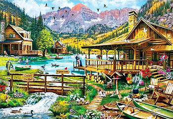 Canoes for rent, mountains, cabin, river, painting, boats, bridge HD wallpaper