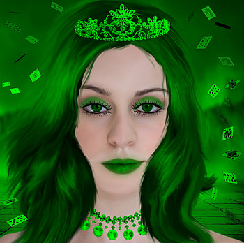 ✫Green Queen of Love✫, games, colorful, colors, necklace, digital art, crown, lashes, bright, female, eyes, beautiful, people, cards, tiara, pretty, manipulation, green, Queen, cool, face, models, girls, women, lovely, hair HD wallpaper