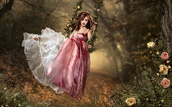 Fantasy, Girl, Garden, Swing, Dress, Brunette HD wallpaper