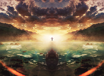 Sunset, human, flight, fantasy, sky, clouds HD wallpaper