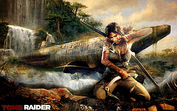 Lara Croft, games, tomb raider, video games, waterfall, weapons, submarine HD wallpaper