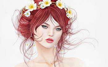 Redhead, white, rendering, girl, woman, fantasy, flower, yellow, face, game HD wallpaper