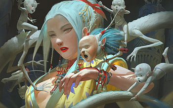 Dragon spirit, blue, white, art, zeen84, girl, tail, demon, little, ghost, fantasy, yellow HD wallpaper