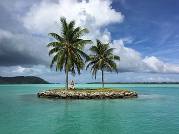 Idyllic tropical scene with a small island, palm trees, and turquoise water under a bright sky. HD wallpaper