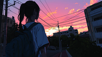 Lofi Sunset Anime Style, lofi, urban landscape, backpack, girl HD wallpaper