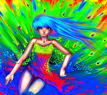 Lady Peacock, blue, colorful, colors, digital art, dress, abstract, drawings, conceptual, female, weird things people wear, girl, paintings, creative pre-made, love four seasons, fantasy, green, draw and paint, illustrations, hair HD wallpaper