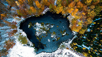 Aerial of Snowy Forest Lake, Winter, Lakes, Snow, Trees, Panoramic View, Nature, Forests HD wallpaper