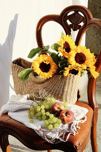 Flowers, Sunflowers, Grapes, Miscellanea, Miscellaneous, Chair, Basket, Peach HD phone wallpaper