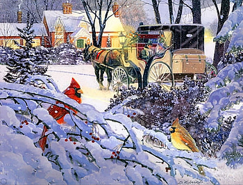 Winter holiday, winter, frost, horse, bird, art, house, beautiful, holiday, painting, snow, christmas, cottage, lovely, cols, cardinal, village HD wallpaper