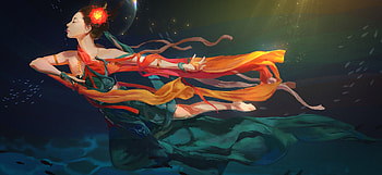 Water nymph, nymph, frumusete, art, girl, orange, fantasy, luminos, water, yanzhao wong HD wallpaper