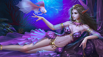 Koi Mistress, blue, art, , girl, koi, woman, digital, pretty, fantasy, fish HD wallpaper