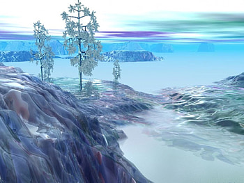 in the distance, trees, 3D, cliffs, lake HD wallpaper