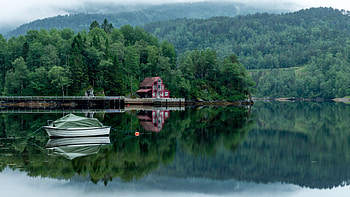 Boat Forest Lake House Mountain Reflection On Water Travel HD wallpaper