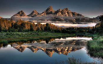 Hazy Reflections at Schwabacher Landing, Wyoming, tetons, landscape, mountains, water, usa HD wallpaper