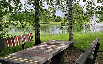 Resting Place by Pond, wooden, table, fountain, Latvia, birches, benches, pond HD wallpaper