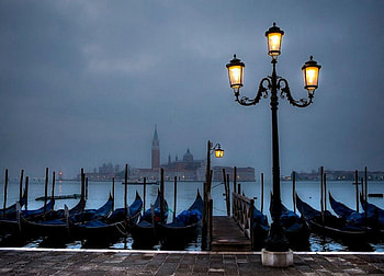 Gondolas In Venice, blue, gondolas, venice, sky HD wallpaper
