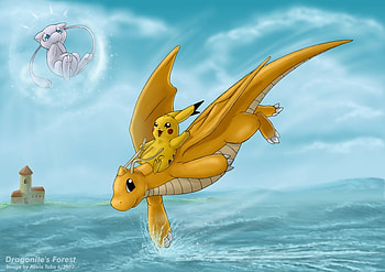 Pikachu Flying With his friends, pikachu, waves, anime, dragonite, mew, clouds, sky, storm, pokemon HD wallpaper
