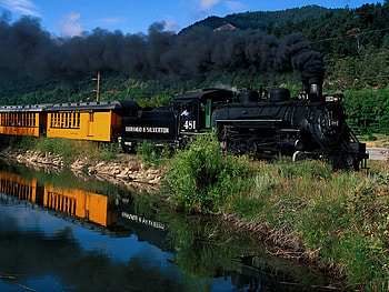 train ride in the mountains, trees, sky, grass, train, water, track HD wallpaper