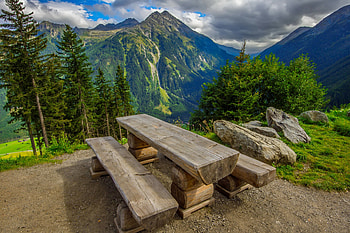 Enjoy the view, bench, hills, landscape, beautiful, relax, grass, mountain, rest, valley, trees, greenery, view, sky, seat, enjoy HD wallpaper