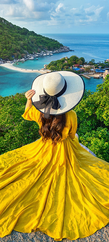 yellow dress, hat, woman, rear HD phone wallpaper