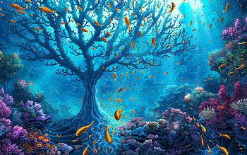 Ocean Tree, tree, ocean, underwater, artist, digital-art, deviantart, fish HD wallpaper