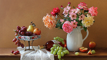 Still life with food and flowers, Grapes, Food, Pear, Flowers, Apples HD wallpaper