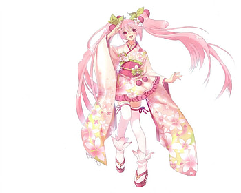 Sakura Miku, kimono, yukata, cute, twin tails, long hair, nice, miku, vocaloids, hatsune, twintails, happy, female, plain, sexy, sweet, white, hatsune miku, smile, twintail, hot, girl, pink hair, anime girl, simple, anime, pretty, sakura, lovely HD wallpaper