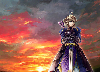 Arturia Pendragon, sword, girl, fate stay night, fate zero, armor, anime girl, saber, anime, weapon, servant saber, sunset HD wallpaper